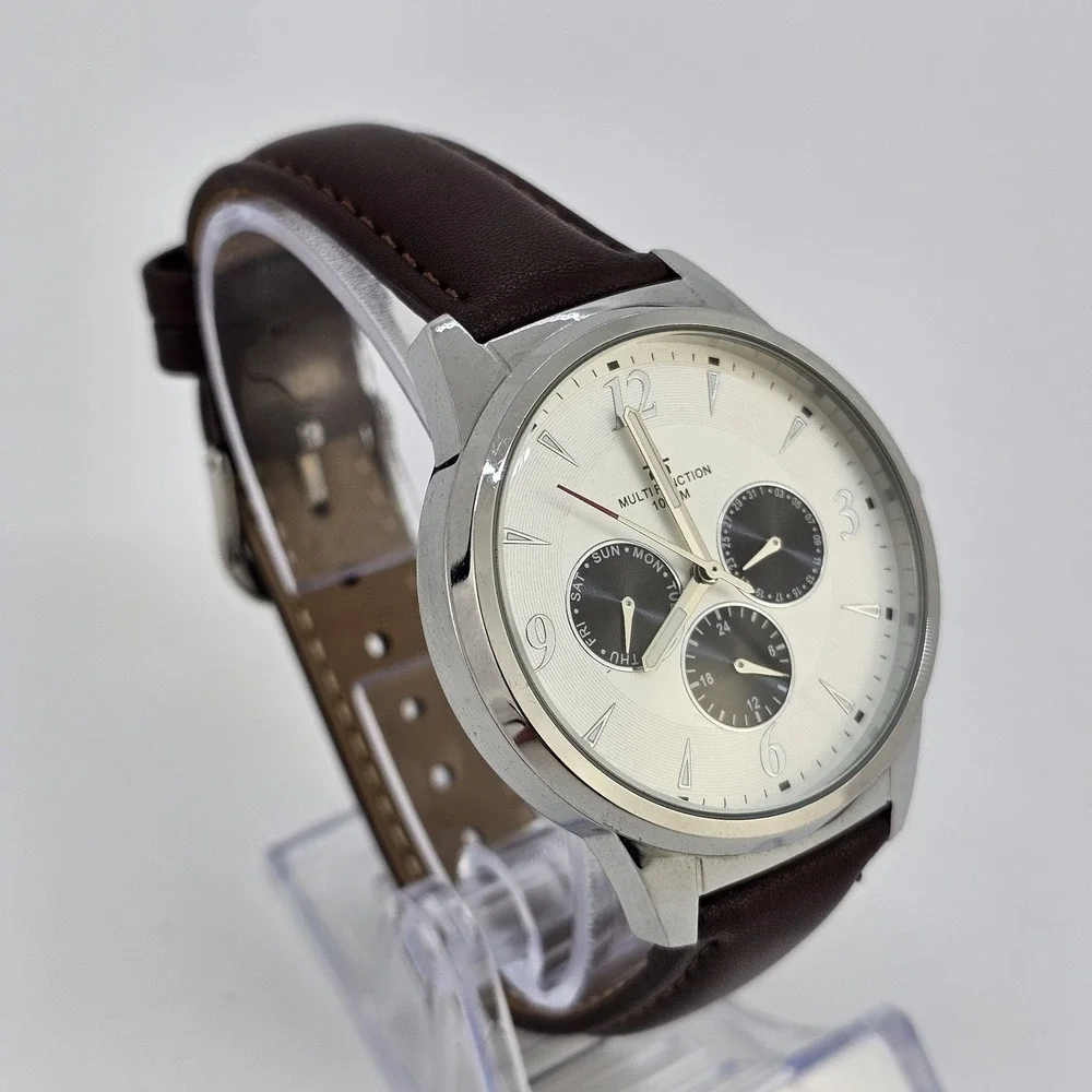Men's Watch 40MM White Dial Day Date New Brown Leather Bands‎ New Battery